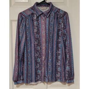 Vintage Fire Islander Womens Purple Button Up Shirt Collar 14 Vintage Blouse